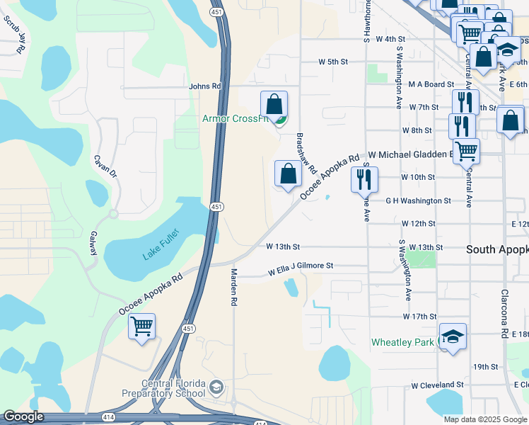 map of restaurants, bars, coffee shops, grocery stores, and more near 1116-1138 County Road 437A in Apopka