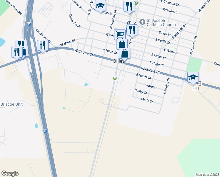 map of restaurants, bars, coffee shops, grocery stores, and more near 1070 North Bi Interstate 35 D in Dilley