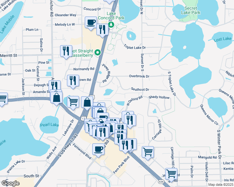 map of restaurants, bars, coffee shops, grocery stores, and more near 400 Sandpiper Lane in Casselberry