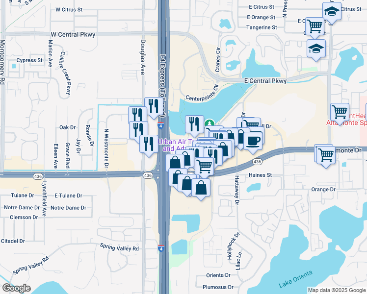 map of restaurants, bars, coffee shops, grocery stores, and more near 131 Water Front Way in Altamonte Springs