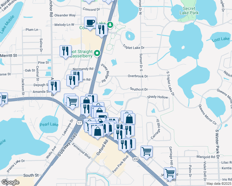 map of restaurants, bars, coffee shops, grocery stores, and more near 351 Conch Shell Lane in Casselberry