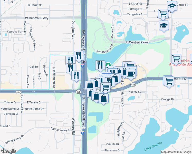 map of restaurants, bars, coffee shops, grocery stores, and more near 131 Water Front Way in Altamonte Springs