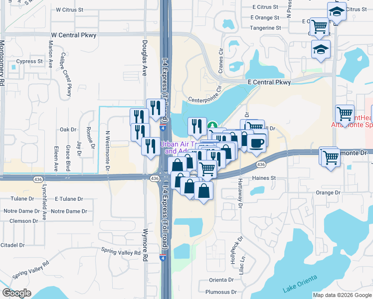map of restaurants, bars, coffee shops, grocery stores, and more near 131 Water Front Way in Altamonte Springs