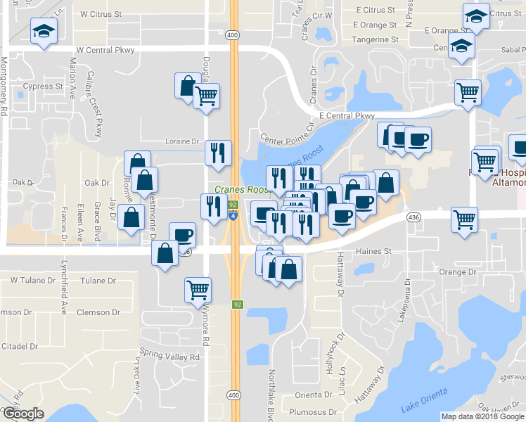 map of restaurants, bars, coffee shops, grocery stores, and more near 131 Water Front Way in Altamonte Springs