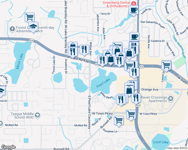 map of restaurants, bars, coffee shops, grocery stores, and more near 155 North Pearl Lake Causeway in Altamonte Springs