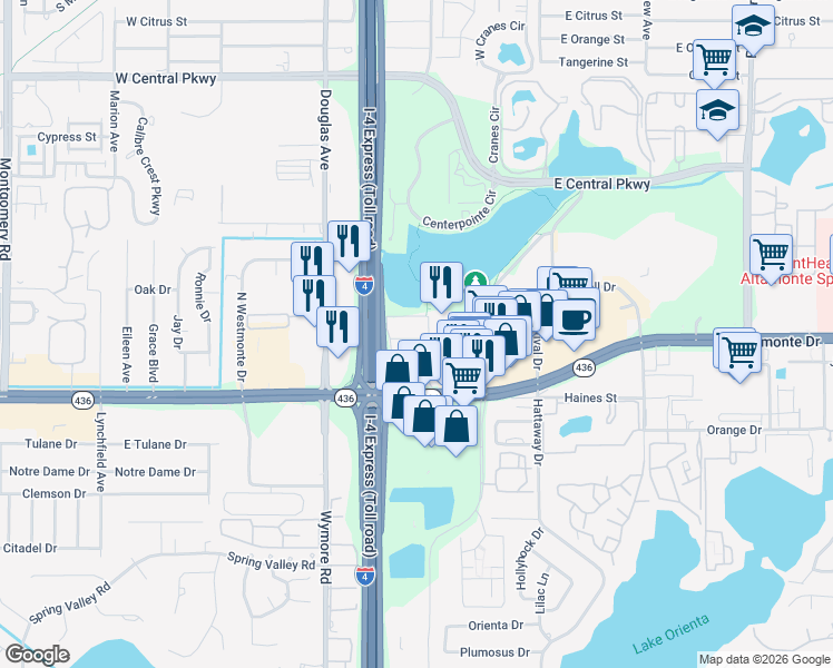 map of restaurants, bars, coffee shops, grocery stores, and more near 131 Water Front Way in Altamonte Springs