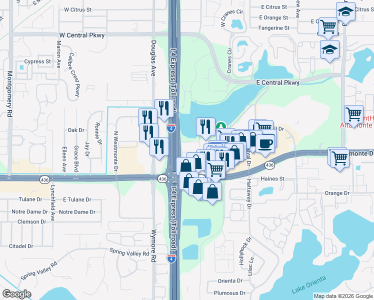 map of restaurants, bars, coffee shops, grocery stores, and more near 131 Water Front Way in Altamonte Springs