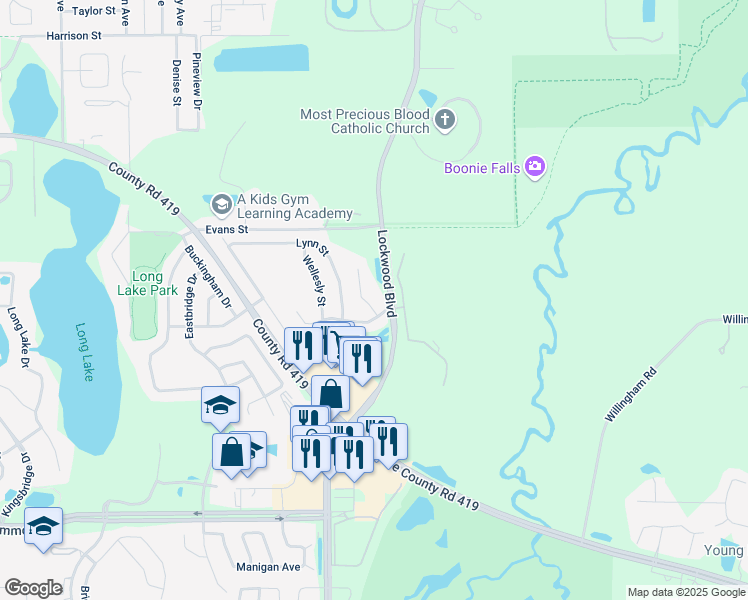 map of restaurants, bars, coffee shops, grocery stores, and more near 581 Farmingham Court in Oviedo