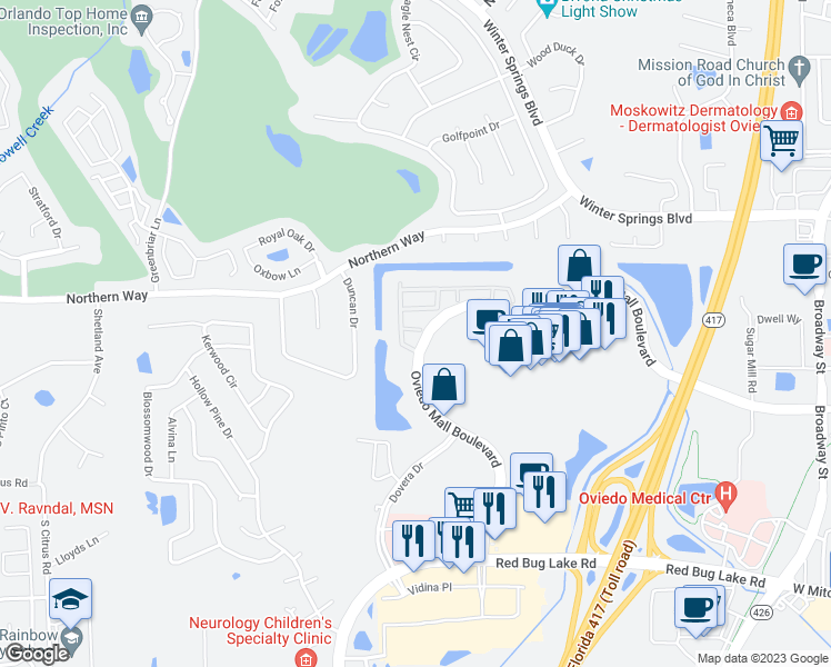 map of restaurants, bars, coffee shops, grocery stores, and more near 1965 Saffron Court in Oviedo