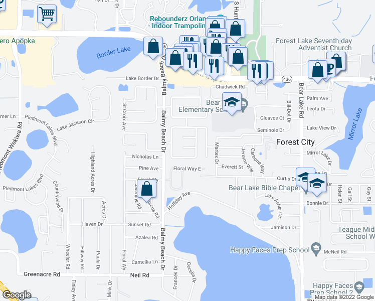 map of restaurants, bars, coffee shops, grocery stores, and more near 3139 Windchime Circle North in Apopka