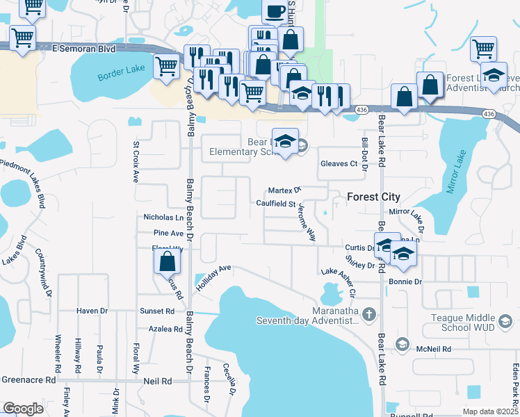 map of restaurants, bars, coffee shops, grocery stores, and more near 1114 Martex Drive in Apopka