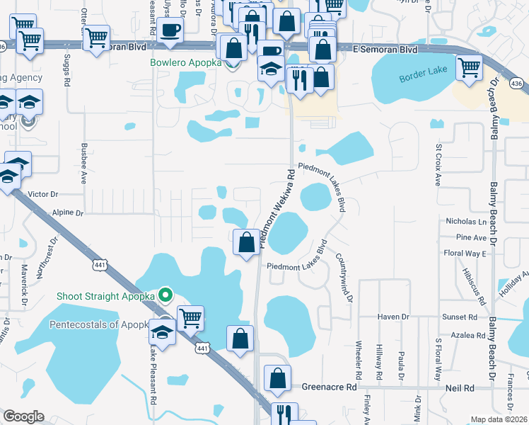 map of restaurants, bars, coffee shops, grocery stores, and more near 1081 Piedmont Oaks Drive in Apopka