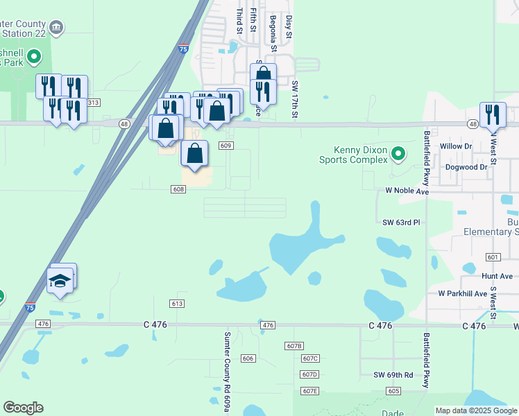 map of restaurants, bars, coffee shops, grocery stores, and more near 668 CR 625 in Bushnell