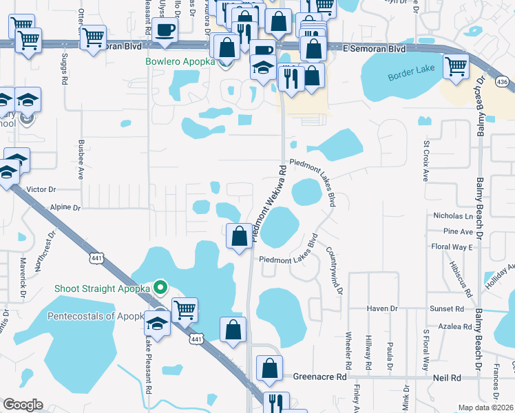 map of restaurants, bars, coffee shops, grocery stores, and more near 1081 Piedmont Oaks Drive in Apopka