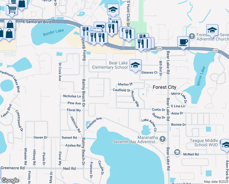 map of restaurants, bars, coffee shops, grocery stores, and more near 1114 Martex Drive in Apopka