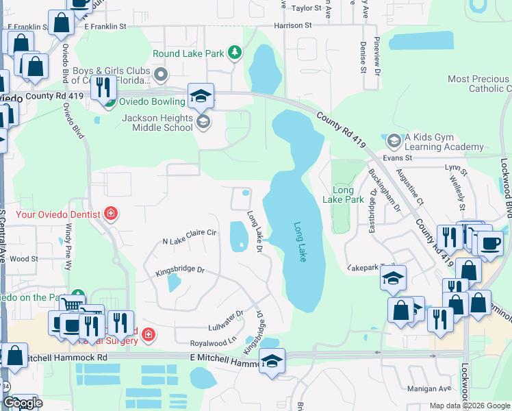 map of restaurants, bars, coffee shops, grocery stores, and more near 624 Long Lake Drive in Oviedo