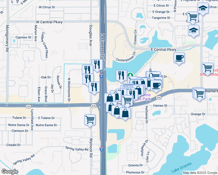 map of restaurants, bars, coffee shops, grocery stores, and more near 115 Oyster Bay Circle in Altamonte Springs