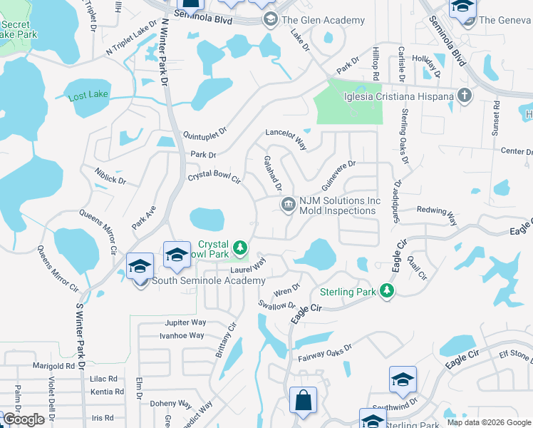 map of restaurants, bars, coffee shops, grocery stores, and more near 1205 Guinevere Drive in Casselberry