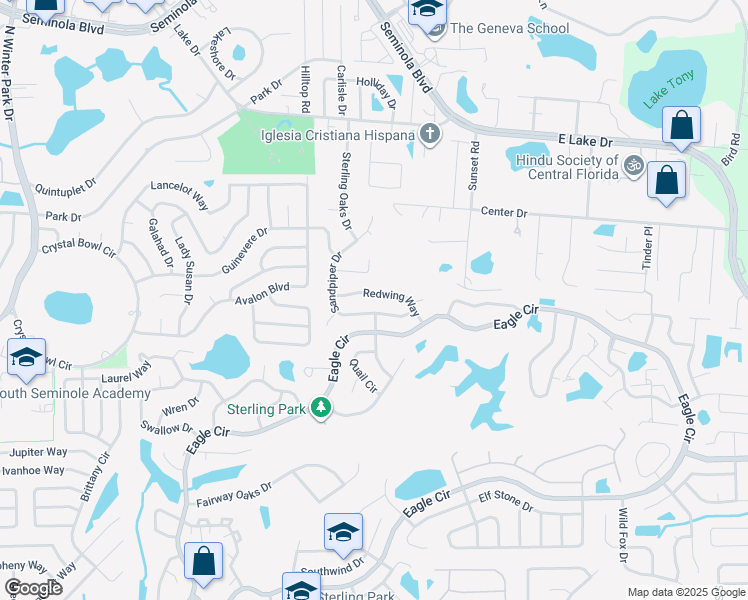map of restaurants, bars, coffee shops, grocery stores, and more near 325 Redwing Way in Casselberry