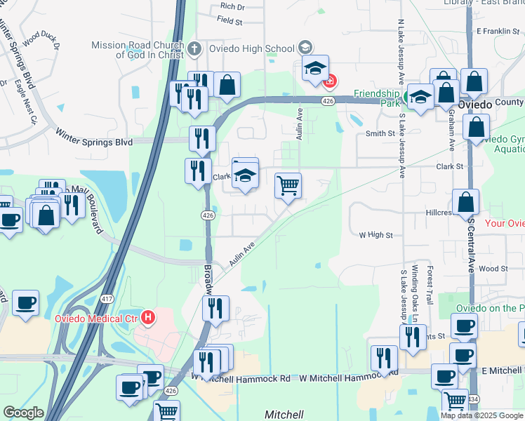 map of restaurants, bars, coffee shops, grocery stores, and more near 447 Aulin Avenue in Oviedo