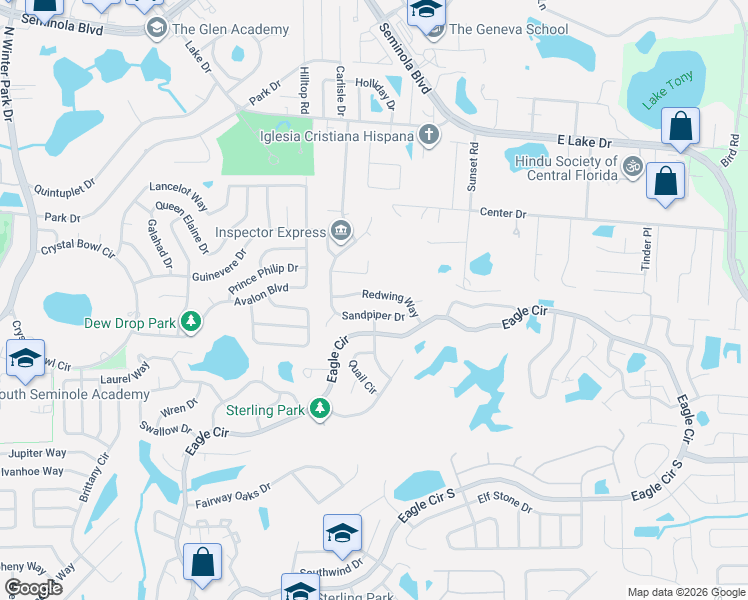 map of restaurants, bars, coffee shops, grocery stores, and more near 332 Redwing Way in Casselberry
