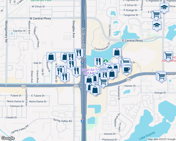 map of restaurants, bars, coffee shops, grocery stores, and more near 277 Douglas Avenue in Altamonte Springs