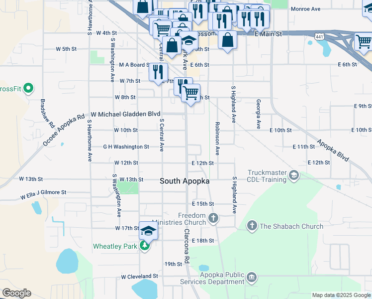 map of restaurants, bars, coffee shops, grocery stores, and more near 27 East G H Washington Street in Apopka