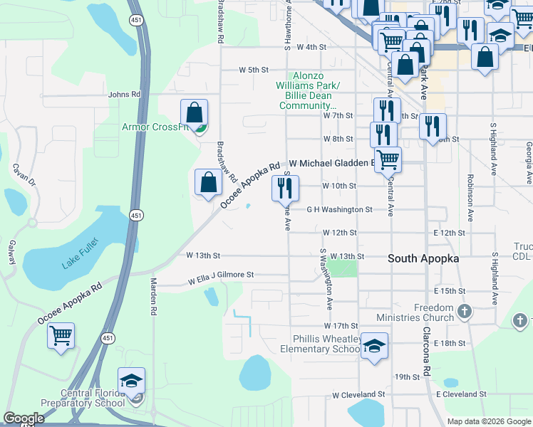 map of restaurants, bars, coffee shops, grocery stores, and more near 875 Ocoee Apopka Road in Apopka