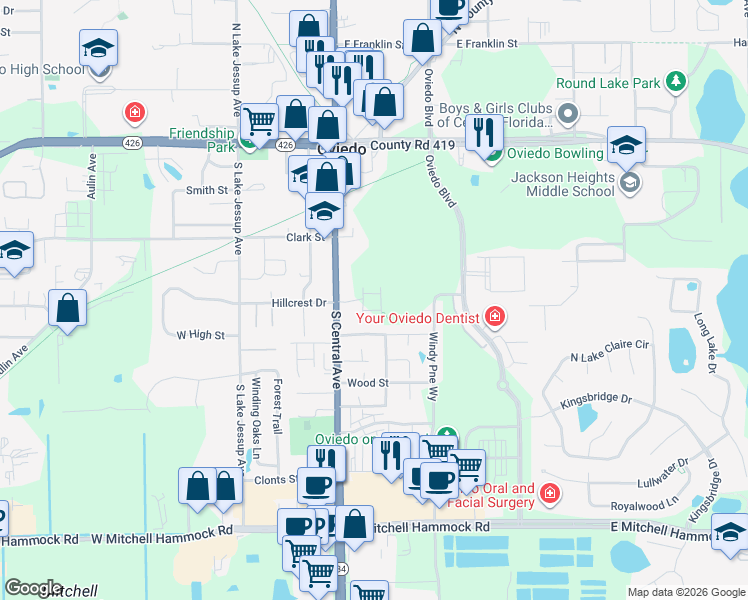 map of restaurants, bars, coffee shops, grocery stores, and more near 350 South Central Avenue in Oviedo