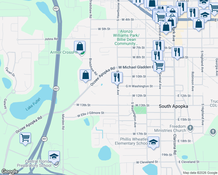 map of restaurants, bars, coffee shops, grocery stores, and more near 875 Ocoee Apopka Road in Apopka