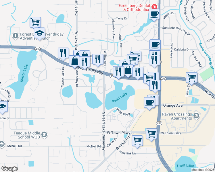 map of restaurants, bars, coffee shops, grocery stores, and more near 1111 East Lakeview Circle in Altamonte Springs