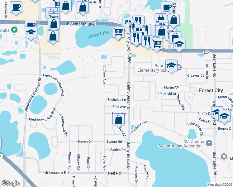 map of restaurants, bars, coffee shops, grocery stores, and more near 2841 Charmont Drive in Apopka