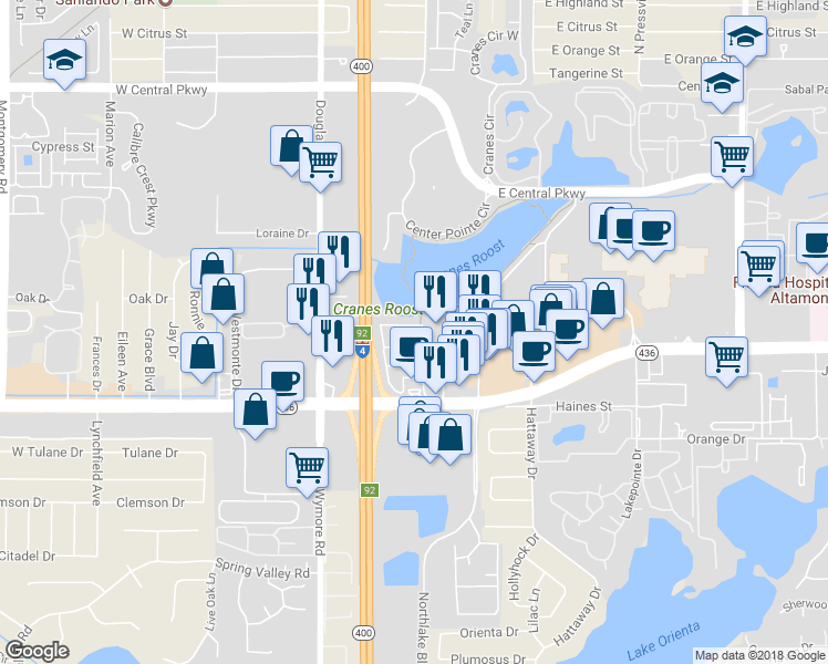 map of restaurants, bars, coffee shops, grocery stores, and more near 133 Oyster Bay Circle in Altamonte Springs