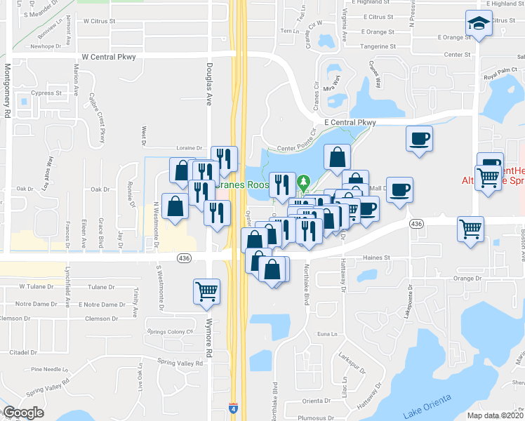 map of restaurants, bars, coffee shops, grocery stores, and more near 133 Oyster Bay Circle in Altamonte Springs