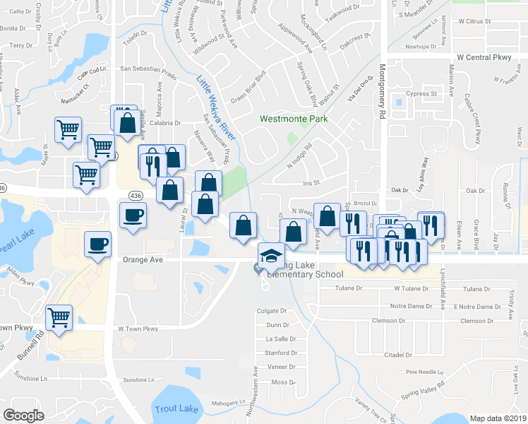 map of restaurants, bars, coffee shops, grocery stores, and more near 208 Riverbend Drive in Altamonte Springs
