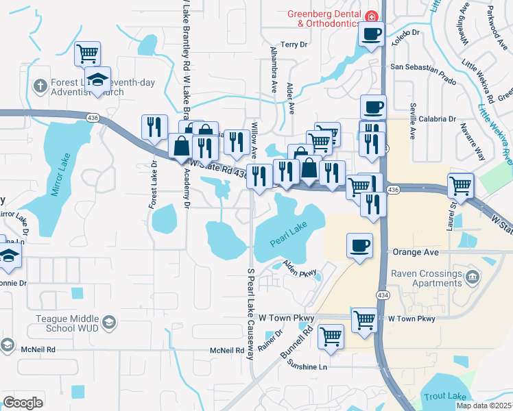 map of restaurants, bars, coffee shops, grocery stores, and more near 1111 East Lakeview Circle in Altamonte Springs