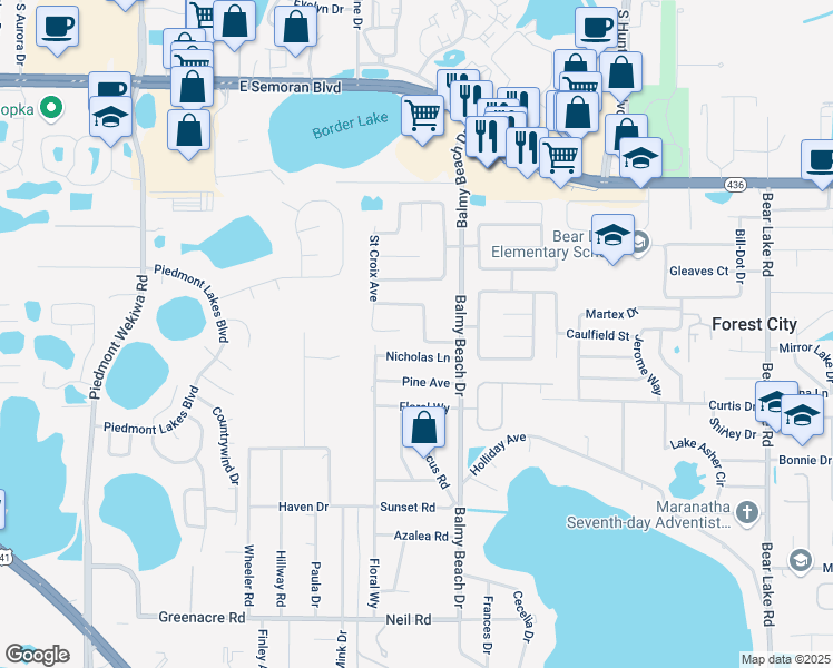 map of restaurants, bars, coffee shops, grocery stores, and more near 2841 Charmont Drive in Apopka