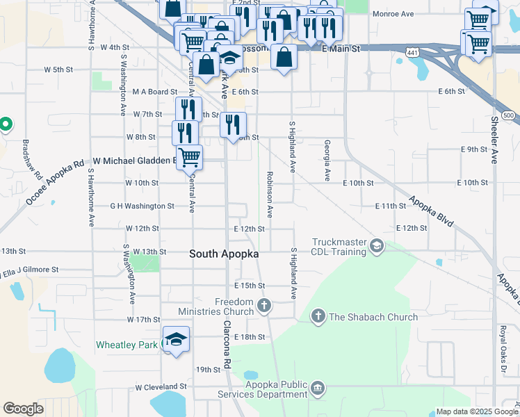 map of restaurants, bars, coffee shops, grocery stores, and more near 1044 Robinson Avenue in Apopka