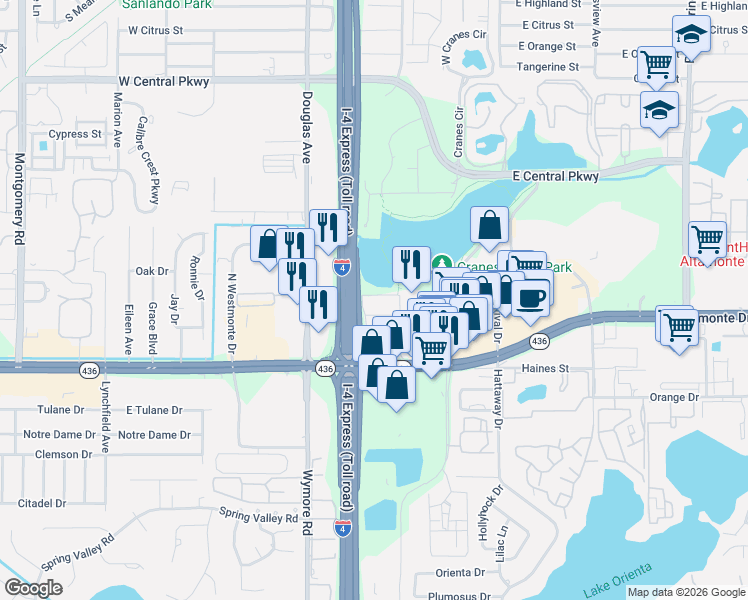 map of restaurants, bars, coffee shops, grocery stores, and more near 121 Oyster Bay Circle in Altamonte Springs