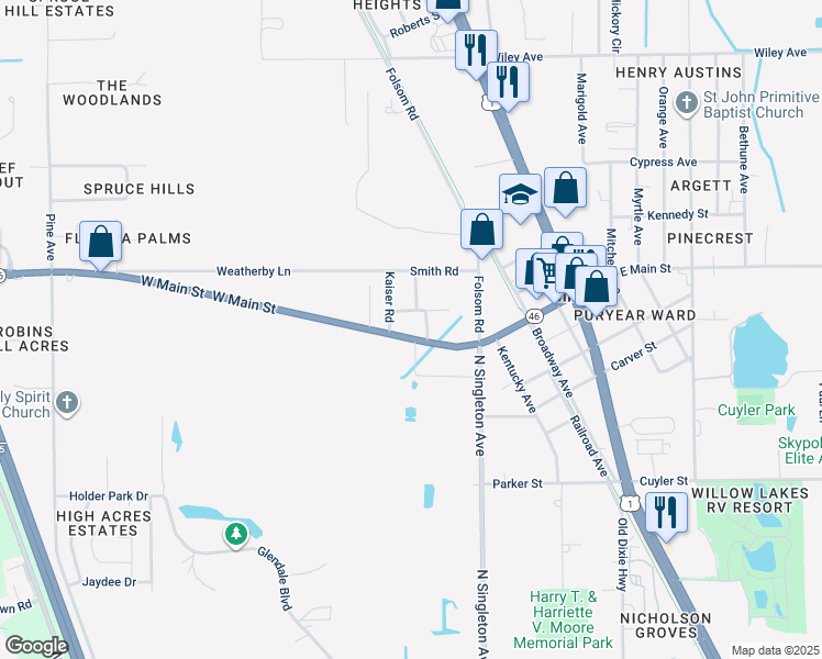 map of restaurants, bars, coffee shops, grocery stores, and more near 3468 West Main Street in Mims