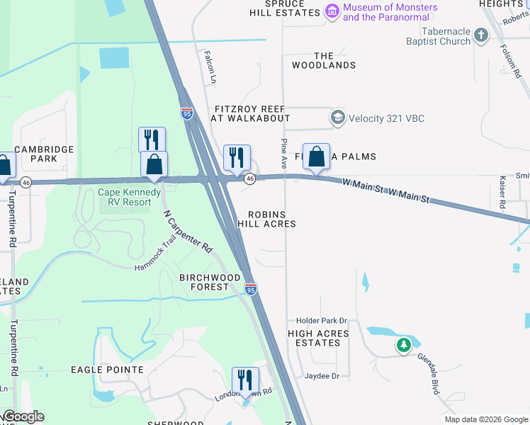 map of restaurants, bars, coffee shops, grocery stores, and more near 4230 Robins Hill Court in Mims