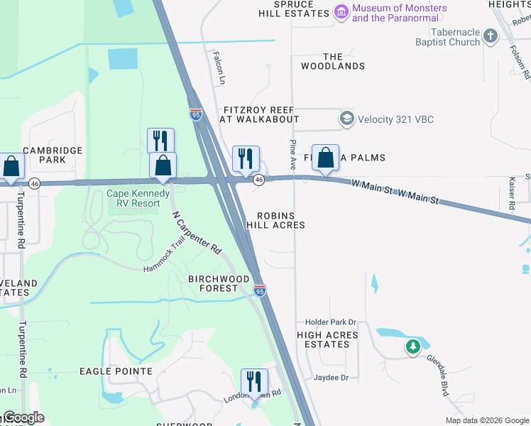 map of restaurants, bars, coffee shops, grocery stores, and more near 4230 Robins Hill Court in Mims