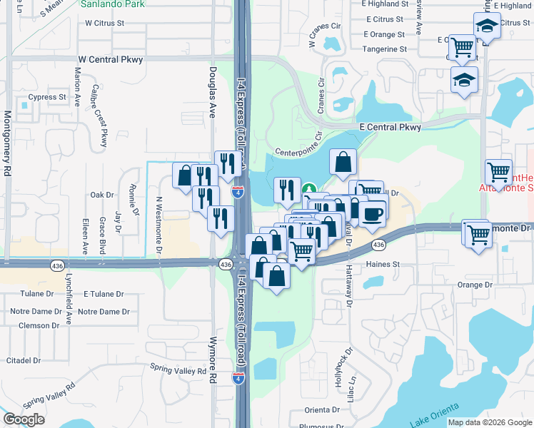 map of restaurants, bars, coffee shops, grocery stores, and more near 133 Oyster Bay Circle in Altamonte Springs