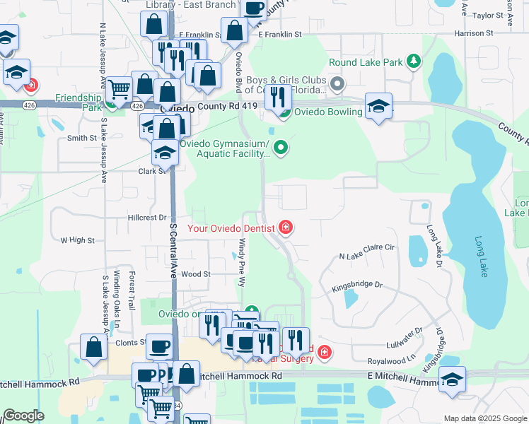map of restaurants, bars, coffee shops, grocery stores, and more near Oviedo Boulevard in Oviedo