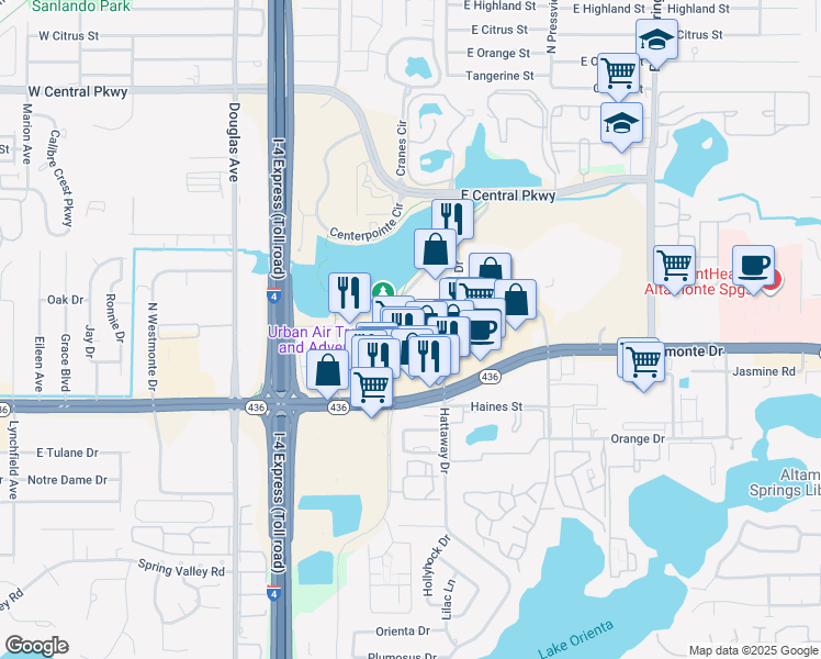 map of restaurants, bars, coffee shops, grocery stores, and more near 225 Cranes Roost Boulevard in Altamonte Springs