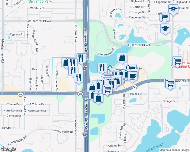 map of restaurants, bars, coffee shops, grocery stores, and more near 133 Oyster Bay Circle in Altamonte Springs