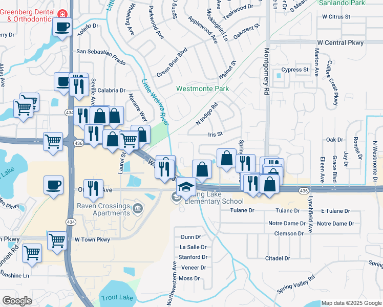 map of restaurants, bars, coffee shops, grocery stores, and more near 208 Riverbend Drive in Altamonte Springs