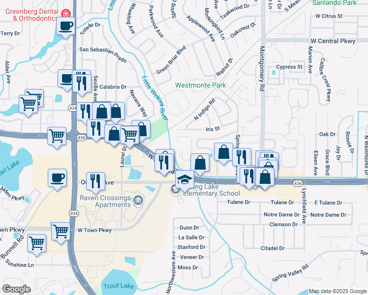 map of restaurants, bars, coffee shops, grocery stores, and more near 208 Riverbend Drive in Altamonte Springs