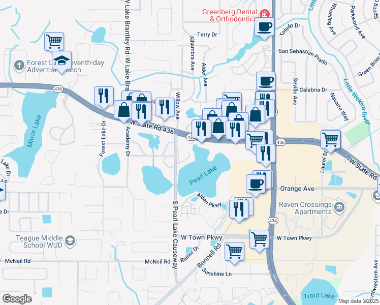 map of restaurants, bars, coffee shops, grocery stores, and more near 1052 West State Road 436 in Altamonte Springs