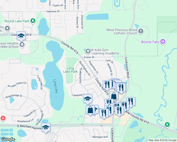 map of restaurants, bars, coffee shops, grocery stores, and more near 400 Augustine Court in Oviedo